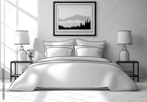 Minimalist monochrome bedroom with plush bed, layered pillows and duvet, matching nightstands with lamps and potted plant, framed mountain print and soft window light conveying calm serenity