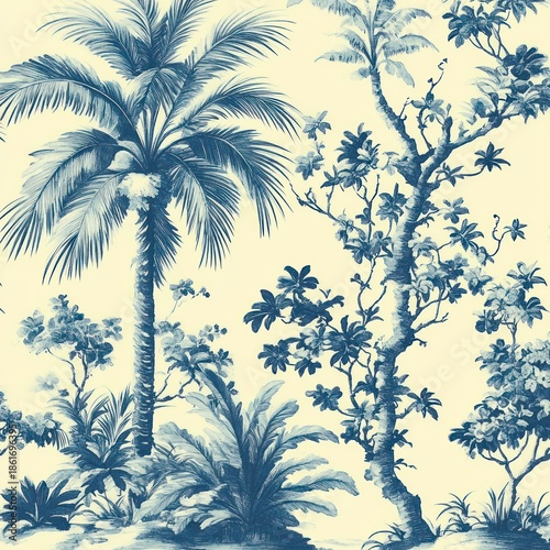 blue botanical illustration of a tall palm, twisting tropical trees, ferns and dense leafy shrubs on a warm cream background conveying a serene vintage decorative mood