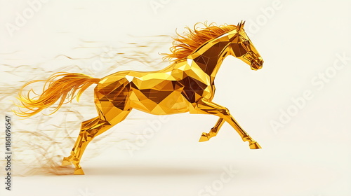 Golden low poly horse running fast with motion blur speed lines