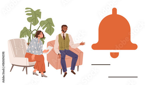 Two people in conversation near large orange bell icon, seated in a cozy lounge with plant decor. Ideal for collaboration, alerts, teamwork, reminders, brainstorming, communication, office culture