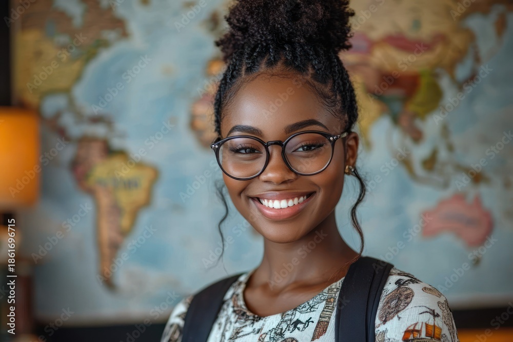 Naklejka premium young woman with braided bun wearing a backpack and ship-patterned shirt stands before a large world map, conveying thoughtful curiosity and quiet confidence