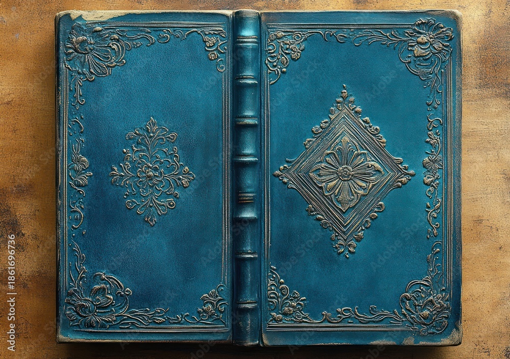 Fototapeta premium ornate teal leather book cover with embossed floral medallions, decorative spine and gilded highlights on an aged gold surface evoking vintage elegance and nostalgia