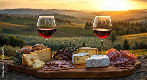 Two glasses of red wine with a rustic charcuterie board of assorted cheeses, cured meats, grapes, olives and bread on a wooden table at sunset over rolling vineyard hills, warm and romantic
