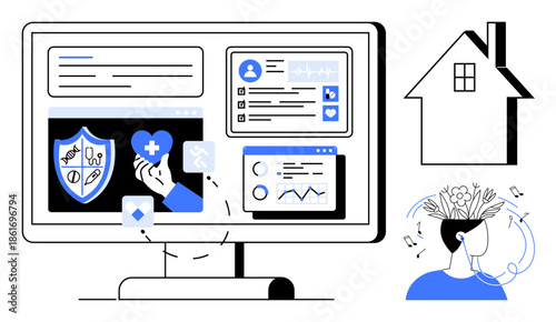 Telehealth, mental well-being, online healthcare, remote care solutions, digital health monitoring, consulting. Monitor showing medical data, house illustration, person with wellness icons