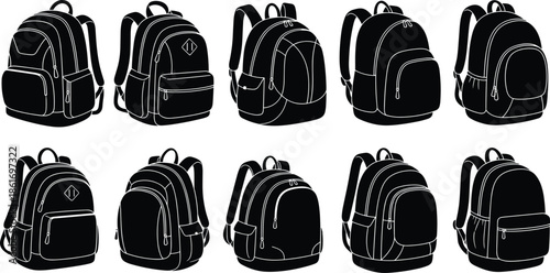 Backpack vector set illustration, collection of black school bags and travel rucksacks isolated on white background, outdoor equipment icons for education and tourism.