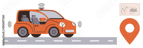 Orange self-driving car on road emitting signals, nearby location pin and data chart. Ideal for technology, innovation, mobility, navigation, data analytics, smart cities automation themes. Simple