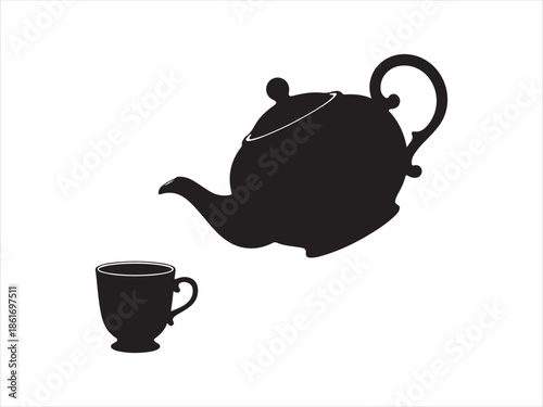 Coffee kettle pouring into cup silhouette vector, Black silhouette of teapot pouring hot tea into a teacup, vintage style, morning beverage silhouette. vector illustration 