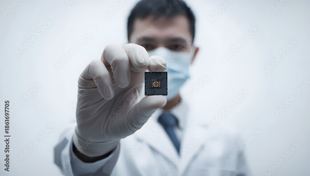 Fototapeta premium Scientist Holding Microchip with Protective Gear and Masked Face