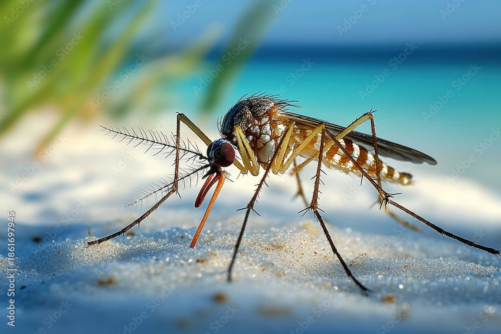Naklejka premium Macro close-up of a striped mosquito on white beach sand with turquoise sea in the background, detailed texture and tense uneasy mood