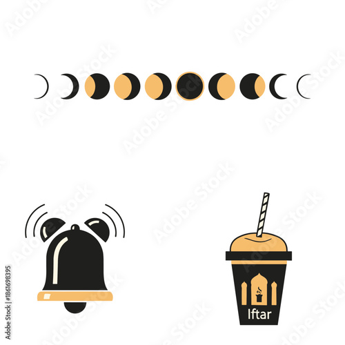 Moon phases with bell and iftar cup crescent moon full moon