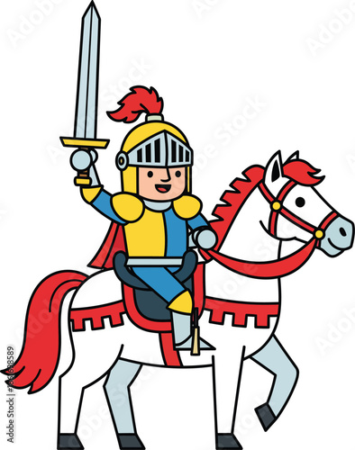 Smiling knight in splitcolor armor with a raised sword riding a white horse.