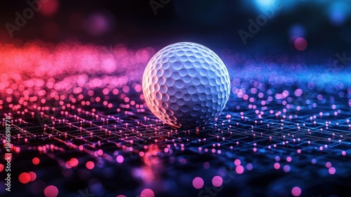 Wallpaper Mural Close-up golf ball on a glowing neon grid with bokeh lights, futuristic moody atmosphere and vibrant pink and blue reflections Torontodigital.ca
