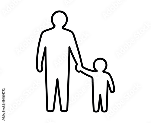 A tall adult figure holds the hand of a small child figure, symbolizing family guidance.