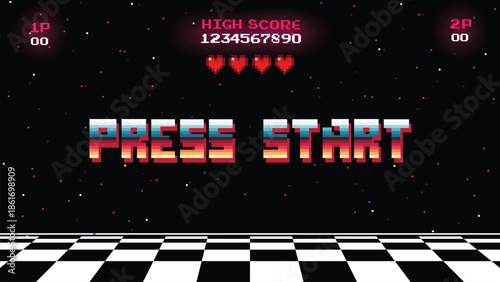 PRESS START.pixel art .8 bit game.retro game. 