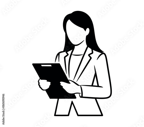 A professional person holds a clipboard and examines it while wearing a suit jacket.