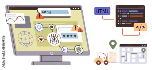 Computer screen with code, security alerts, and navigation map. Ideal for web development, cyber security, coding education, digital safety, analytics logistics online services. Simple flat