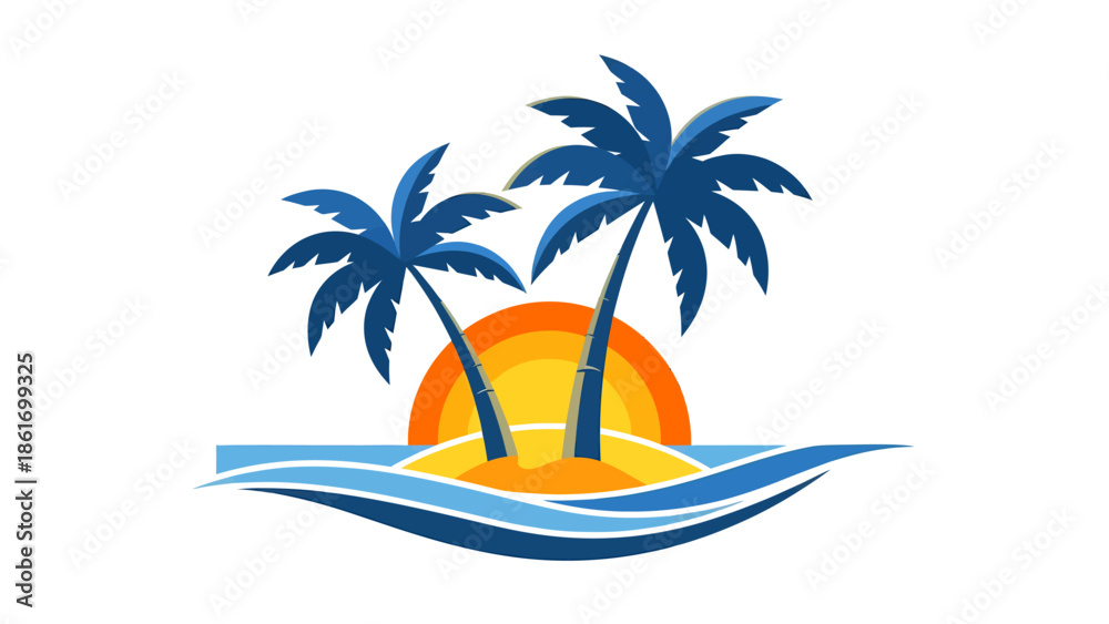 Fototapeta premium Tropical Sunset with Palm Trees and Waves Icon