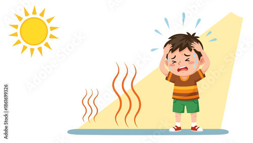 Child Overheated under the Sun with Heat Waves and Sweating