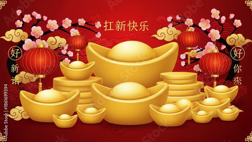 Chinese new year decoration with gold ingots, red lanterns, and cherry blossoms on red background for prosperity and good fortune