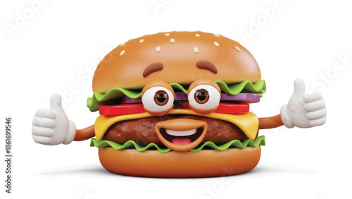 Cheerful Cartoon Burger Character with Big Eyes Giving a Thumbs Up, Bright Fast Food Mascot Illustration.