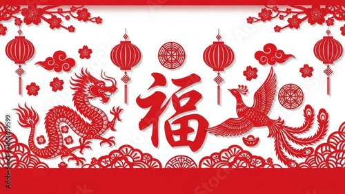 Chinese new year decoration with red dragon, phoenix, lanterns, flowers, and character on white background, symbolizing good fortune and prosperity