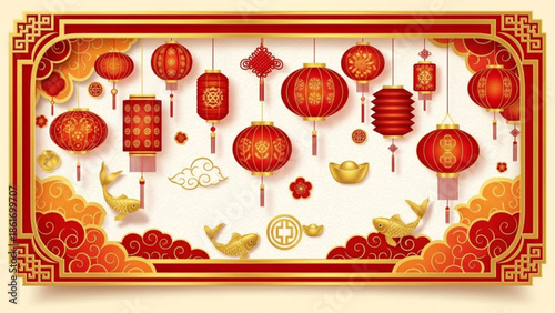 Vibrant red and gold chinese lanterns, coins, and birds on white background with ornate border for festive decoration and celebration
