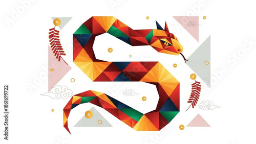 Vibrant polygonal snake illustration with colorful geometric shapes, abstract leaves and triangles on white background, symbolizing creativity and playfulness in modern