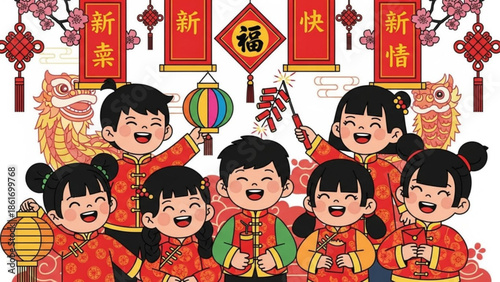 Happy chinese new year celebration with children in traditional clothing holding lanterns and firecrackers surrounded by dragon dance decorations and cherry blossoms