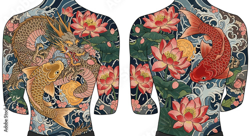 Intricate traditional Japanese kimono design featuring a majestic dragon and vibrant koi fish