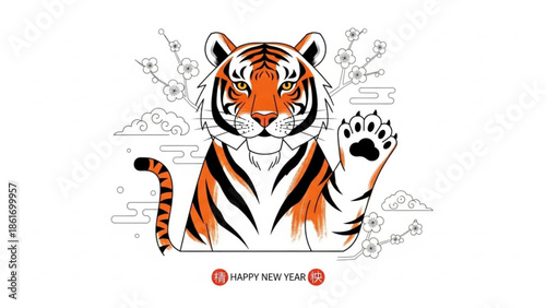 Vibrant orange and black tiger illustration with cherry blossoms and clouds for chinese new year celebration