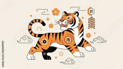 Vibrant orange tiger with black stripes and white paws in dynamic pose surrounded by flowers and clouds with asian inspired design elements on body