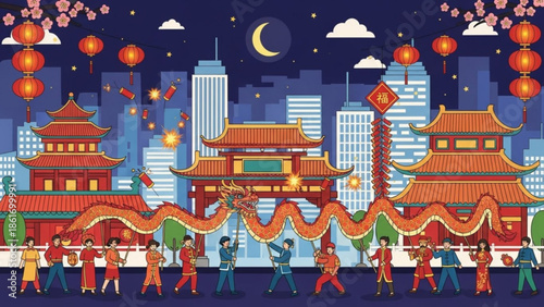 Vibrant chinese new year celebration with dragon dance in modern cityscape at night with lanterns and fireworks display