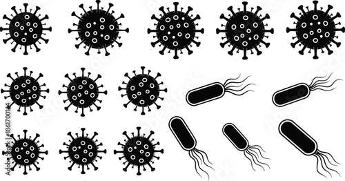 Microscopic virus and bacteria cell vector illustration set, coronavirus and pathogen icons for medical research and healthcare education, isolated black silhouette graphic.