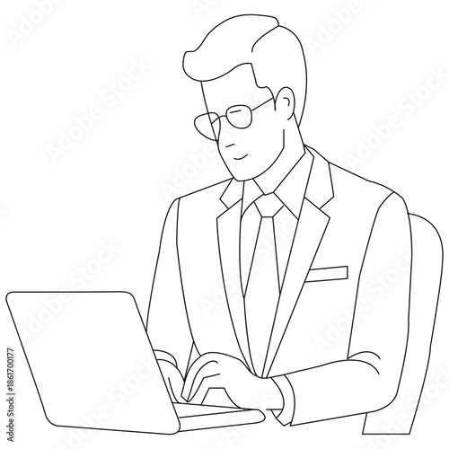 Continuous line art of business meeting: presenter explains graph on flipchart to two colleagues, one engaged with a laptop. teamwork concept. Vector, illustration