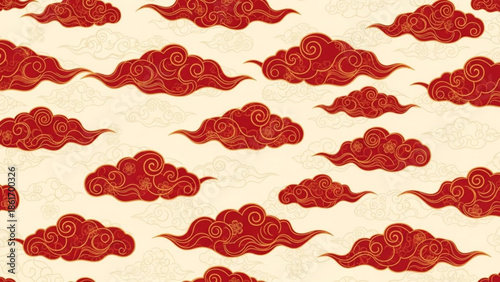 Red swirly clouds on beige background, decorative asian inspired design elements, abstract cloud pattern