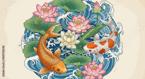 Elegant koi fish swimming among blooming lotus flowers in a serene pond scene