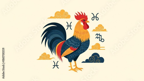 Vibrant rooster illustration with astrology symbols and clouds, zodiac sign rooster graphic design element