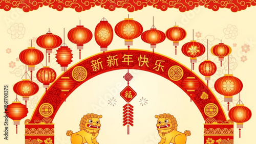 Chinese new year celebration background with red lanterns, lion dance archway, and traditional decorations, symbolizing good fortune and prosperity