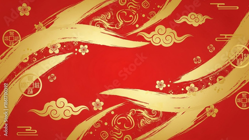 Red background with gold chinese new year elements, floral patterns, and clouds, traditional asian decorative design