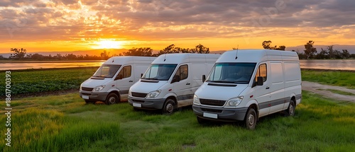 Three White Delivery Vans Parked in Scenic Landscape at Sunset