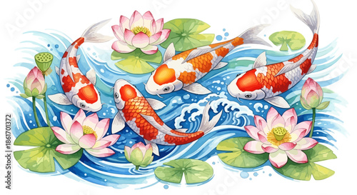 Peaceful pond scene with colorful koi fish swimming among blooming water lilies and serene water