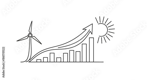 illustration of renewable energy growth featuring wind turbine solar sun and upward trend graph