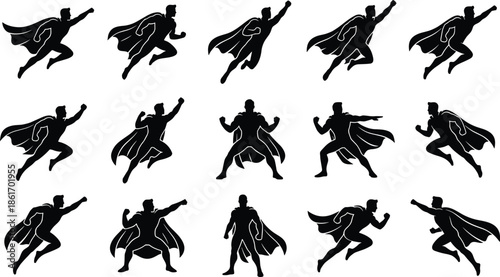 Set of superhero silhouettes, flying man with cape vector illustration, black action poses collection, isolated character design elements for comic book style