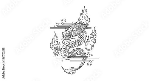 Traditional Yet Modern Artistic Black and White Illustration of a Mythical Fire Dragon in Dynamic