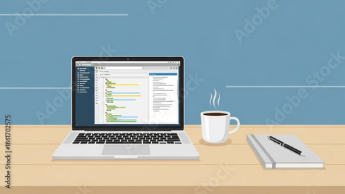 Laptop on desk with coding software, coffee cup, and notebook, ideal for programming, coding, and office work
