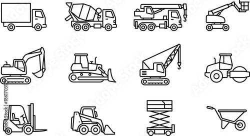 Mental health, business finance, and construction machinery icons set, cognitive psychology, financial strategy, heavy equipment, brain function, investment, and building.