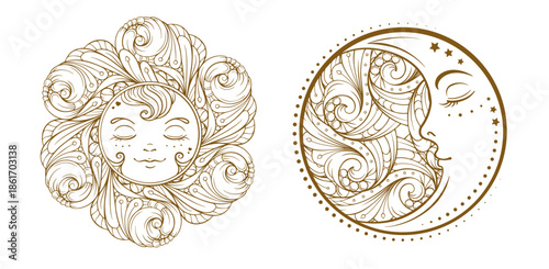Ornamental gold sun and crescent moon - elegant celestial vector design with intricate line details