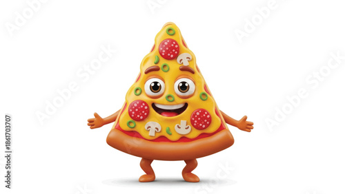 Playful pizza mascot character with cheese and pepperoni smiles in a colorful cartoon.