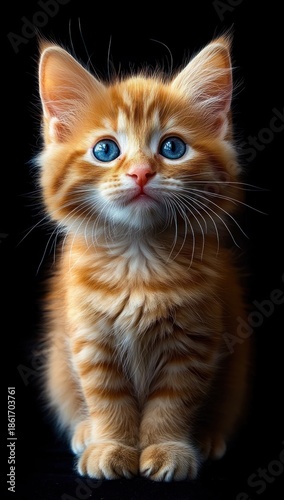 Fluffy orange tabby kitten sitting on a black background with striped fur, perked ears, long whiskers and tiny front paws, radiating gentle curiosity and innocence