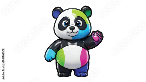 Cheerful rainbow panda character waving with colorful fur in a playful cartoon style.
